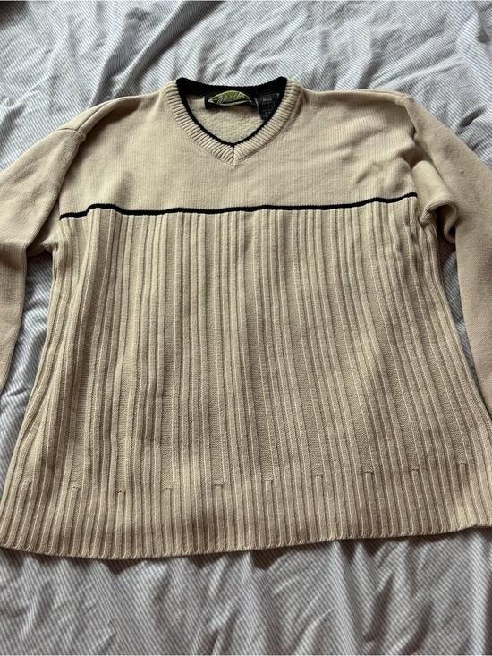 Other - Vintage Men's Cream V-Neck Ribbed Sweater with Black Trim